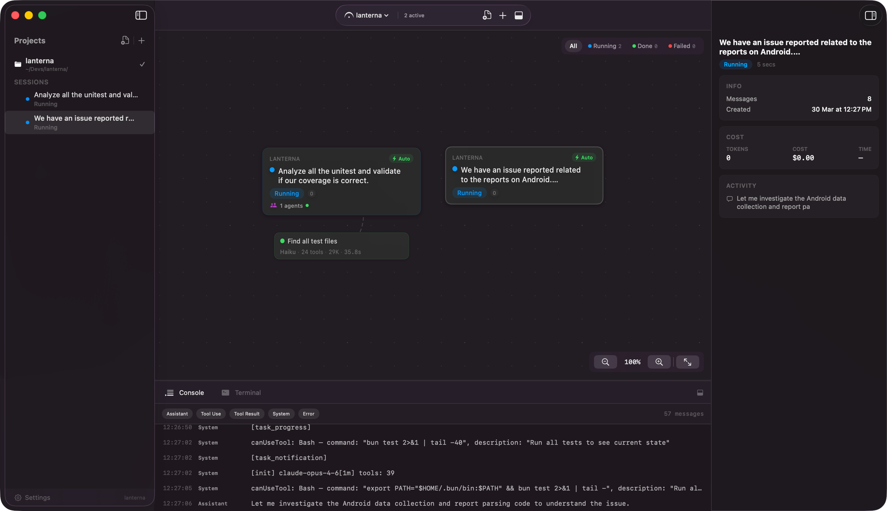 Canvas with running agents
